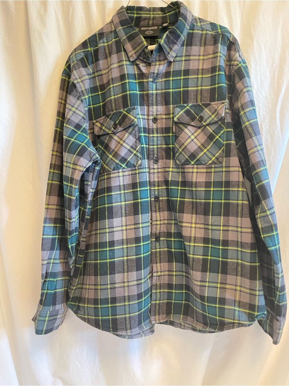 Harley-Davidson Plaid Button-Down Shirt in Blue, Green & Gray-XL